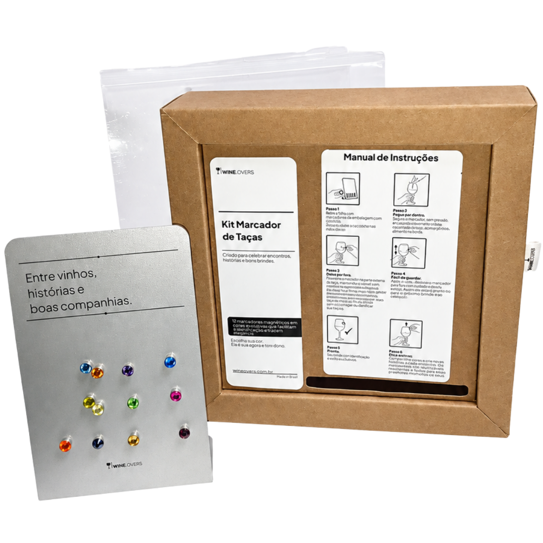 Kit Marcador de Taças Wine Lovers com cartela de marcadores magnéticos coloridos, manual de instruções e embalagem kraft