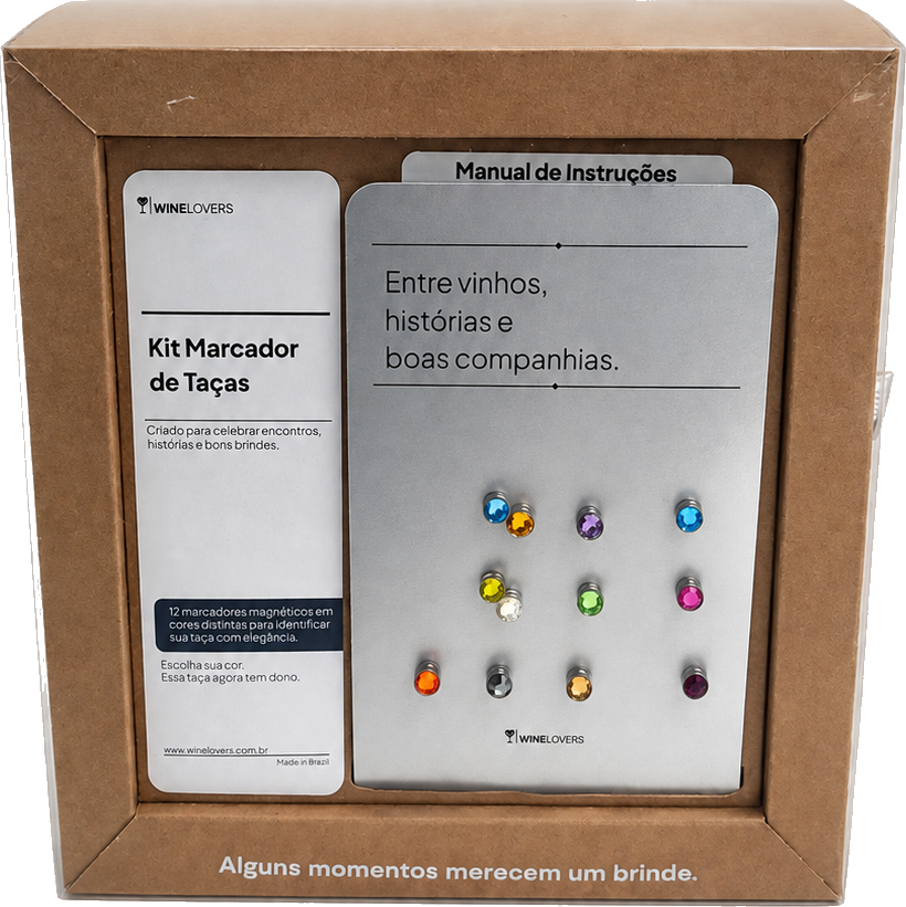 Kit Marcador de Taças Wine Lovers fechado em embalagem kraft premium