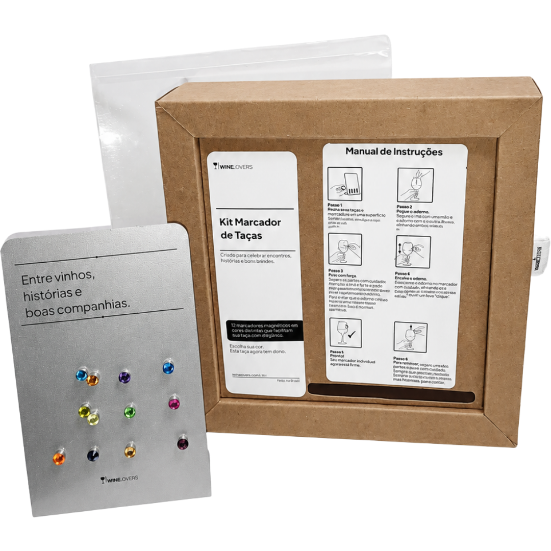 Kit Wine Lovers aberto com manual de instruções e marcadores magnéticos